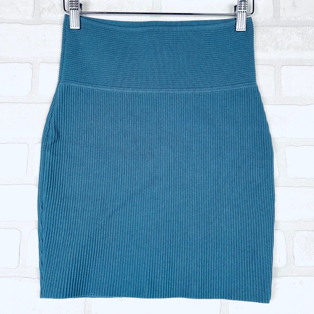 Babaton Sculpt Knit Mini Skirt Teal Blue Ribbed High Waist 95889 Womens Size M